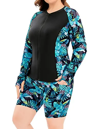 Women's Plus Size Athletic Two Piece Rash Guard Sets Sun Protection Swim Shirt