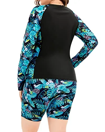 Women's Plus Size Athletic Two Piece Rash Guard Sets Sun Protection Swim Shirt
