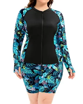 Women's Plus Size Athletic Two Piece Rash Guard Sets Sun Protection Swim Shirt