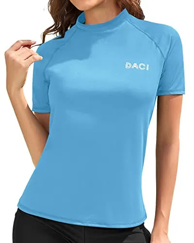Women's Raglan Sleeves Rashguard Top Short Sleeve Rashguard Top Swim Shirt-Light Blue