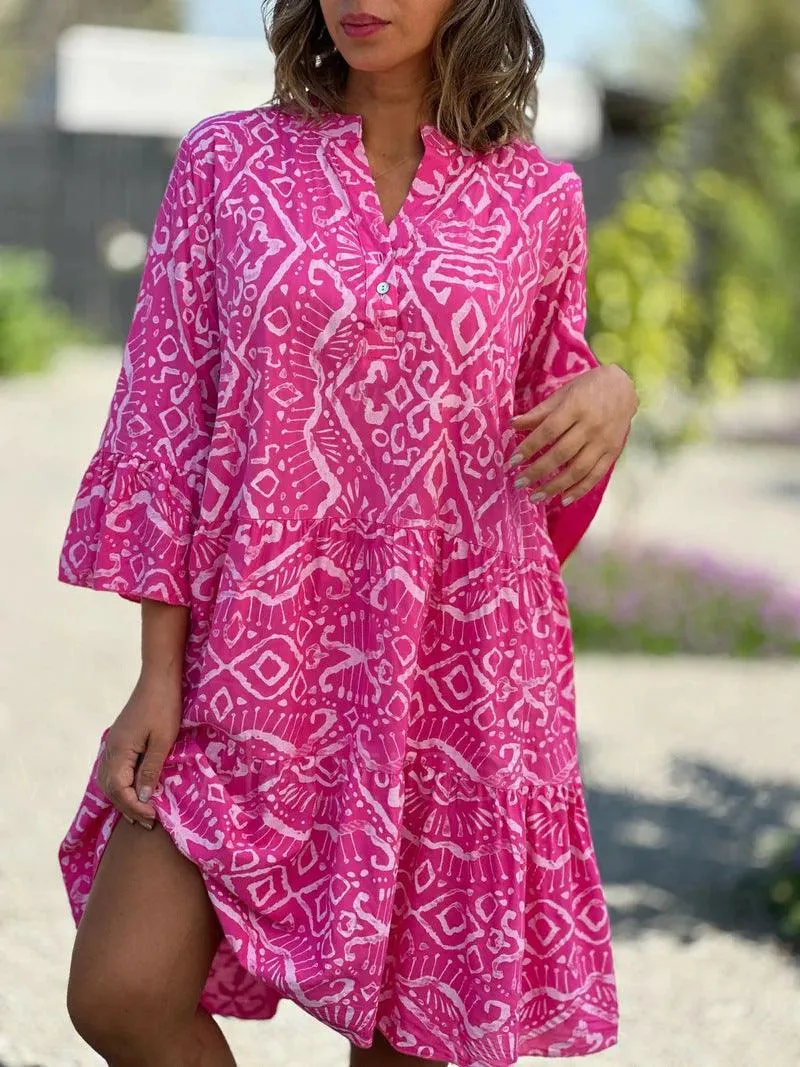 Women's V-neck Flared Sleeves Cake Flowers Stitching Dress