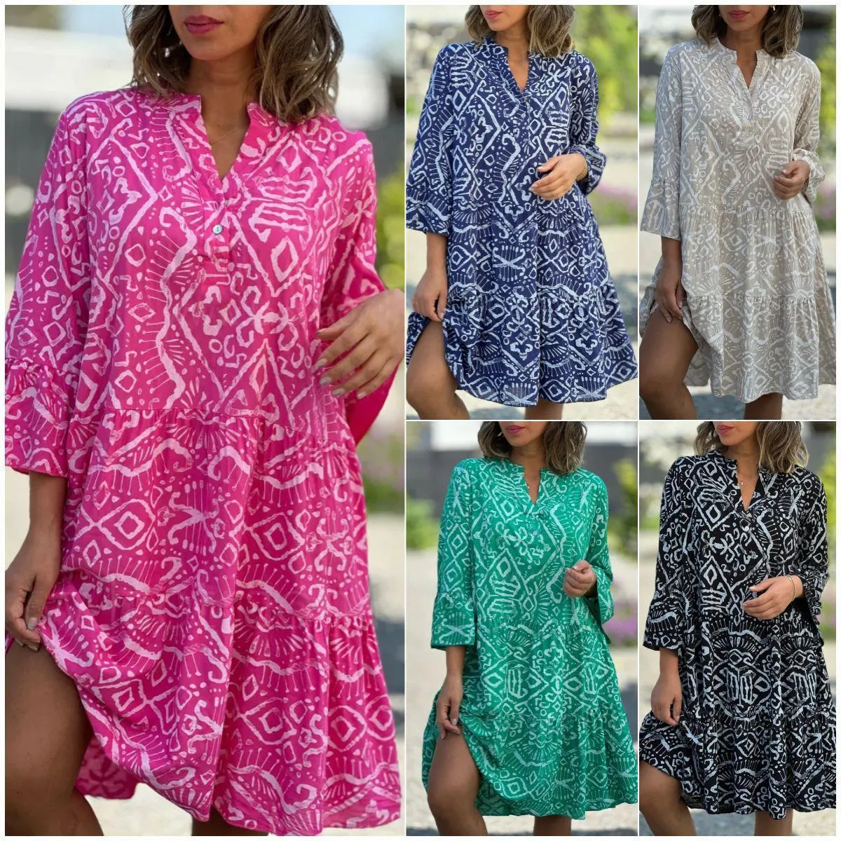 Women's V-neck Flared Sleeves Cake Flowers Stitching Dress