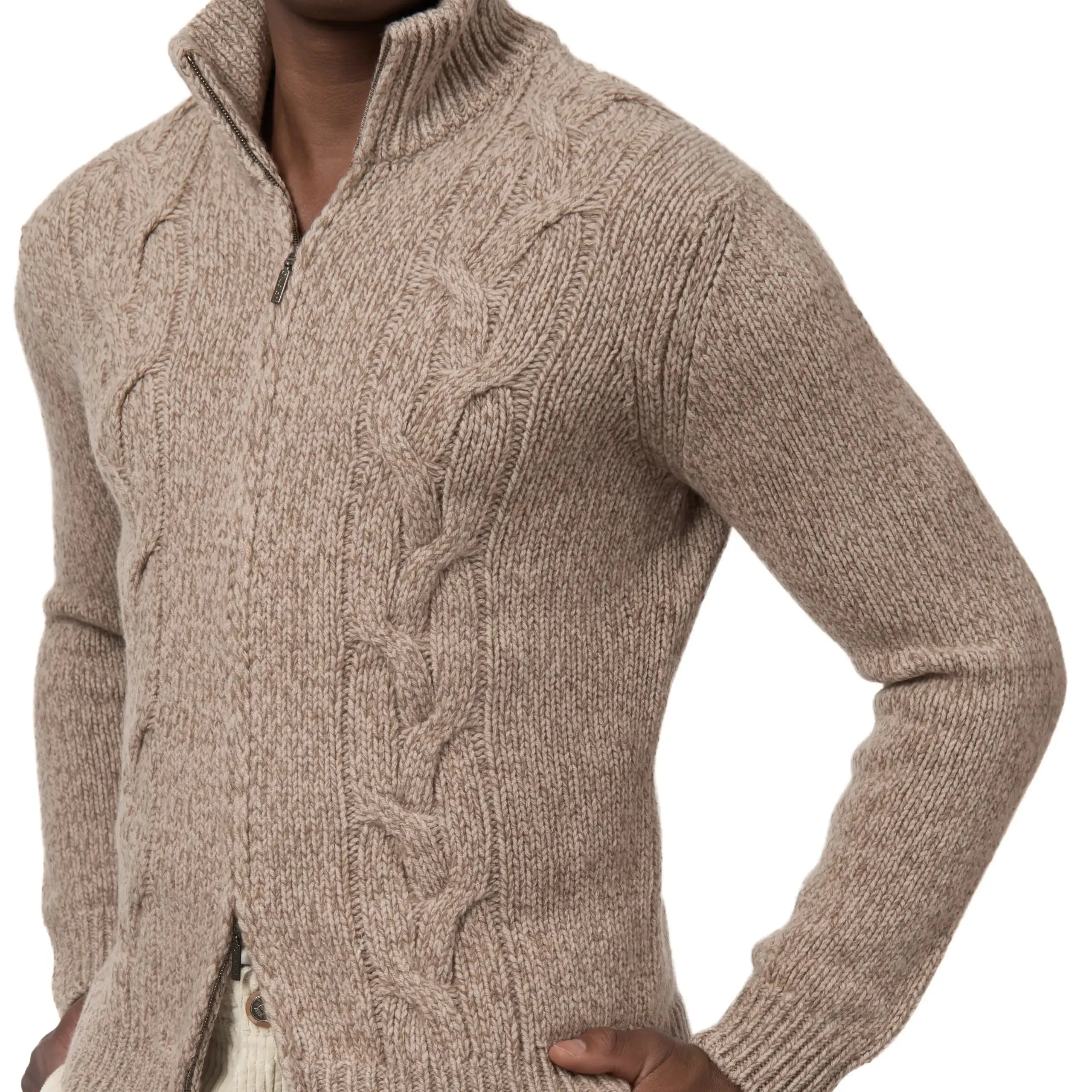 Wool and Cashmere-Blend Zip-Up Sweater in Beige