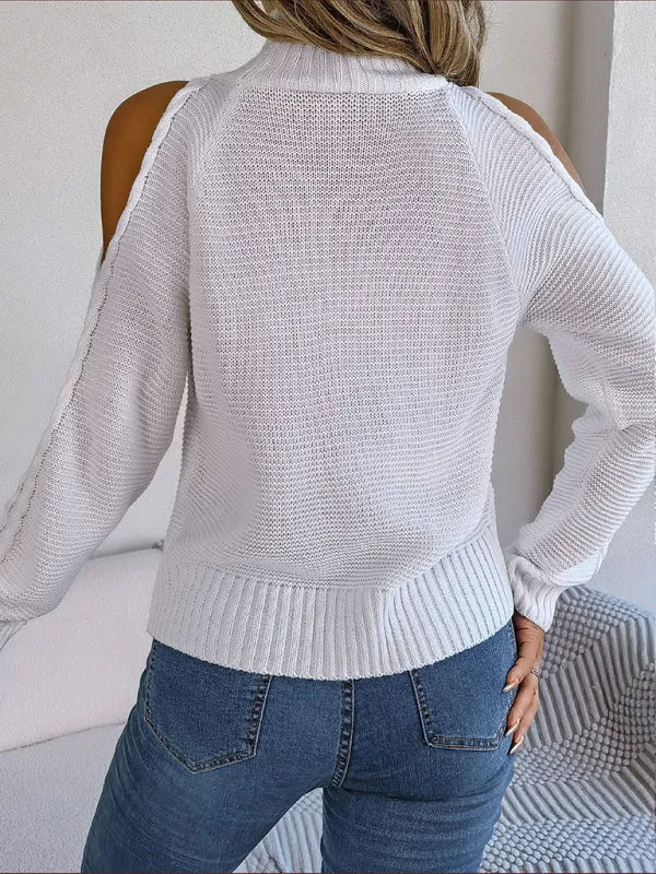 Wool Cold Shoulder Sweater - High Neck, Cable Knit Pullover