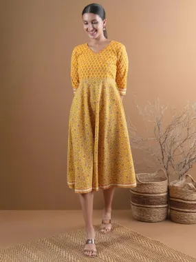 Yellow Printed Cotton Dress With Mask